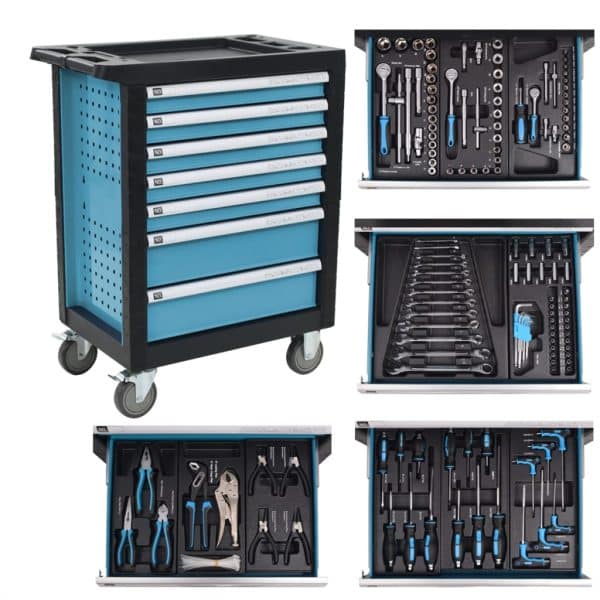vidaXL værktøjsvogn til værkstedet med 270 stykker værktøj stål blå